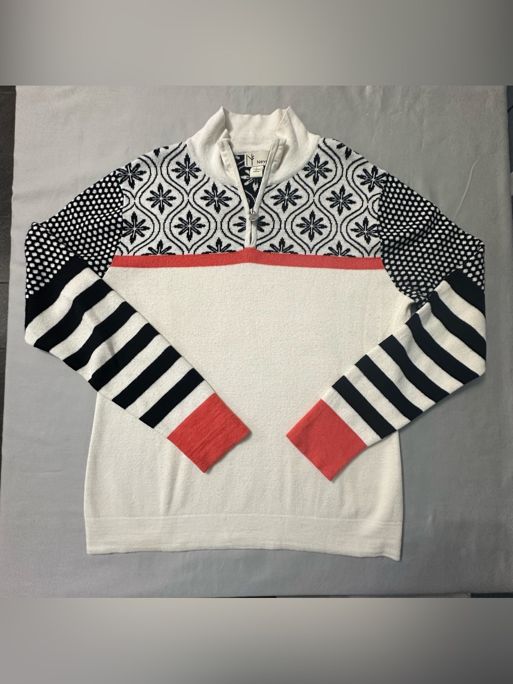 Neve Quarter Zip Sweater Large Cotton Wool Blend Snowflake Nordic Striped Mixed
